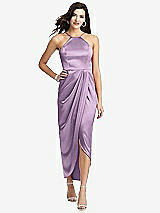 Front View Thumbnail - Wood Violet Halter Midi Dress with Draped Tulip Skirt