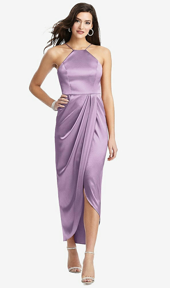 Front View - Wood Violet Halter Midi Dress with Draped Tulip Skirt