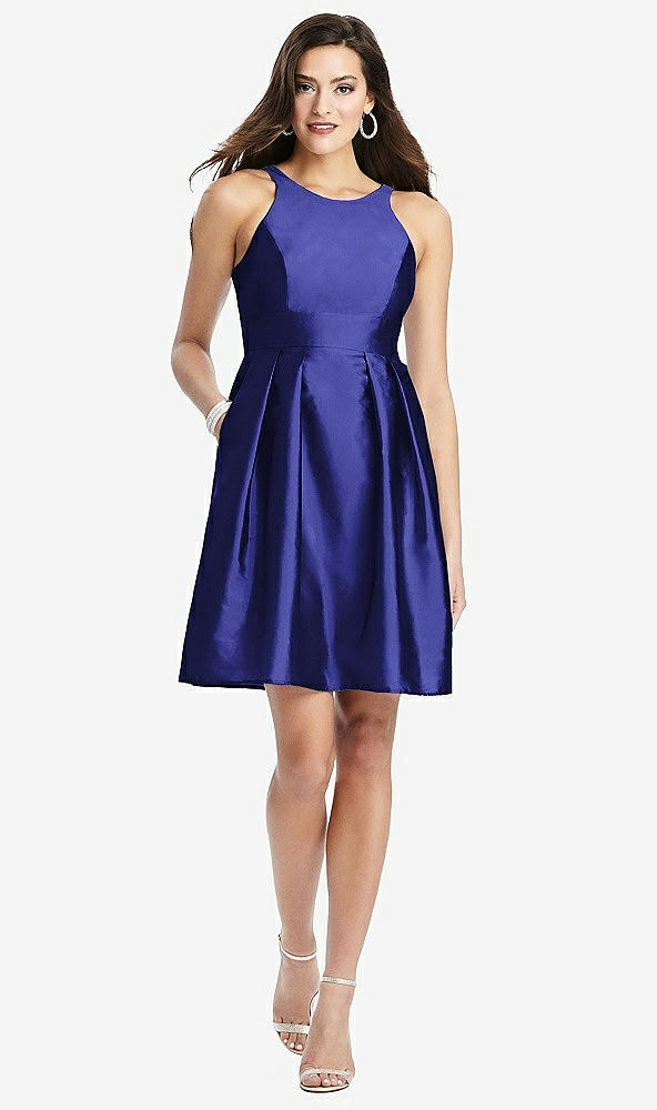 Front View - Electric Blue Halter Pleated Skirt Cocktail Dress with Pockets