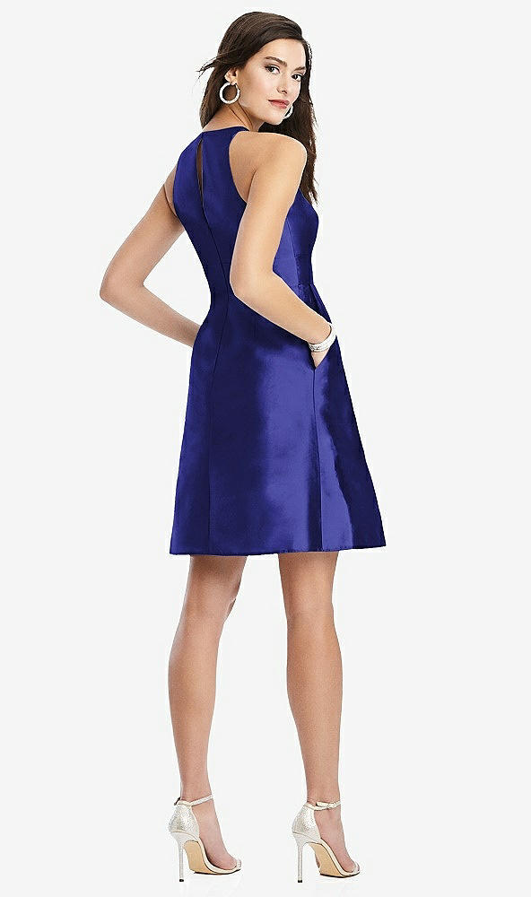 Back View - Electric Blue Halter Pleated Skirt Cocktail Dress with Pockets