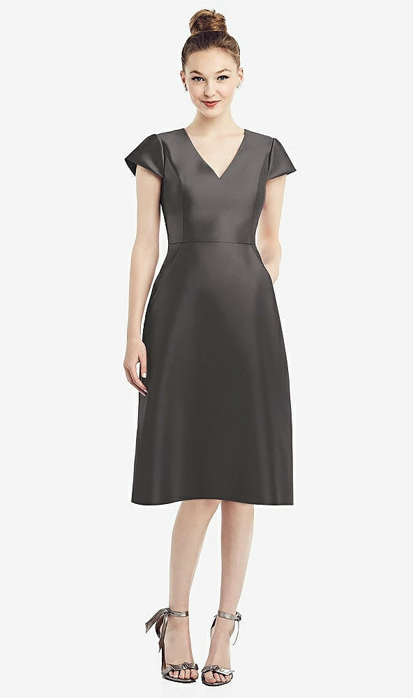 Front View - Caviar Gray Cap Sleeve V-Neck Satin Midi Dress with Pockets