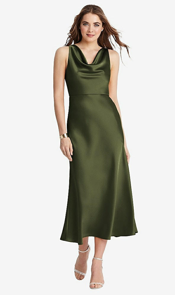 Front View - Olive Green Cowl-Neck Midi Tank Dress - Esme