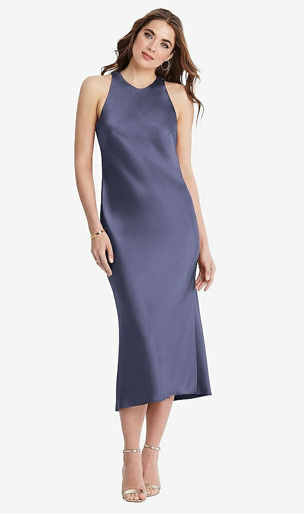 Front View - French Blue Tie Neck Cutout Midi Tank Dress - Lou