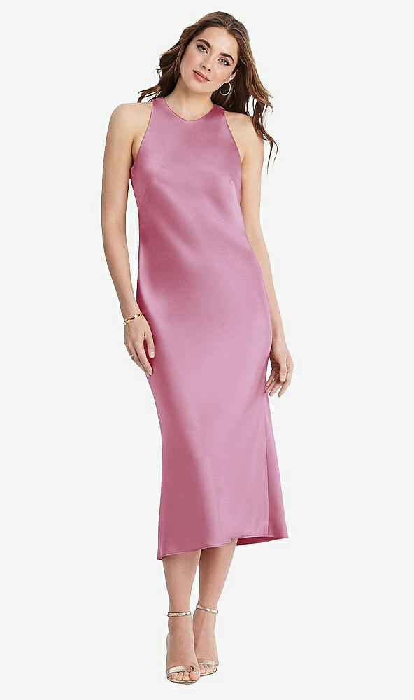 Front View - Powder Pink Tie Neck Cutout Midi Tank Dress - Lou