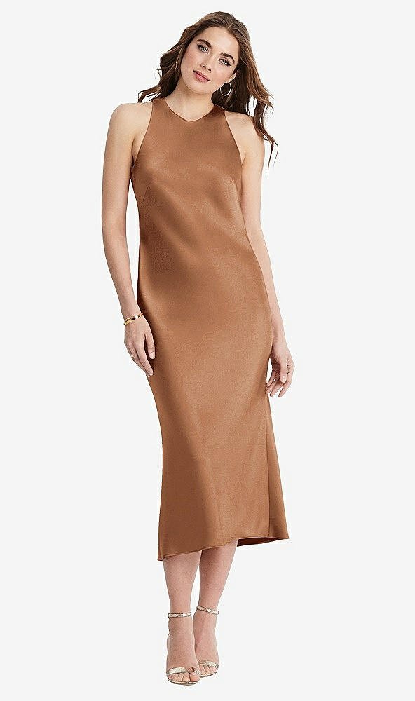 Front View - Toffee Tie Neck Cutout Midi Tank Dress - Lou