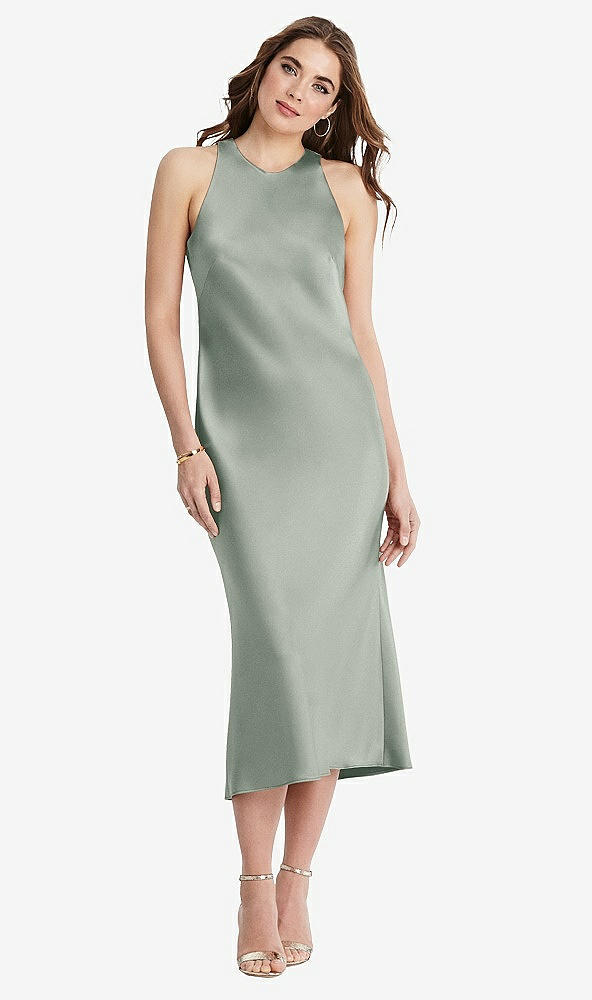 Front View - Willow Green Tie Neck Cutout Midi Tank Dress - Lou