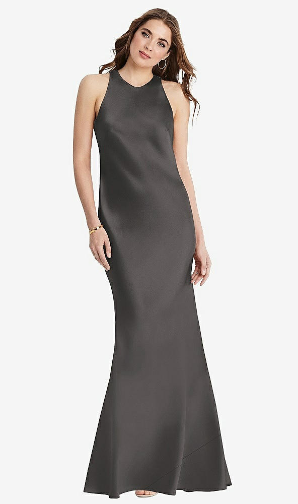 Back View - Caviar Gray Tie Neck Low Back Maxi Tank Dress - Marin