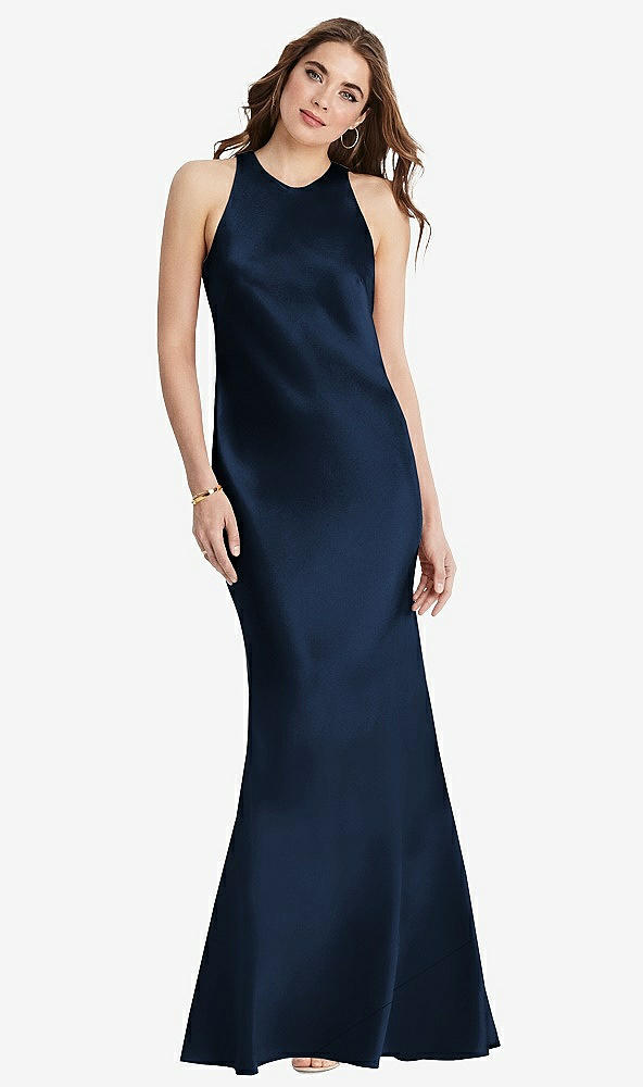 Back View - Midnight Navy Tie Neck Low Back Maxi Tank Dress - Marin