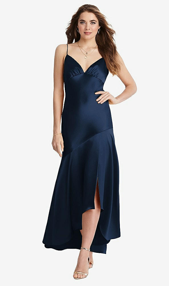 Front View - Midnight Navy Asymmetrical Drop Waist High-Low Slip Dress - Devon