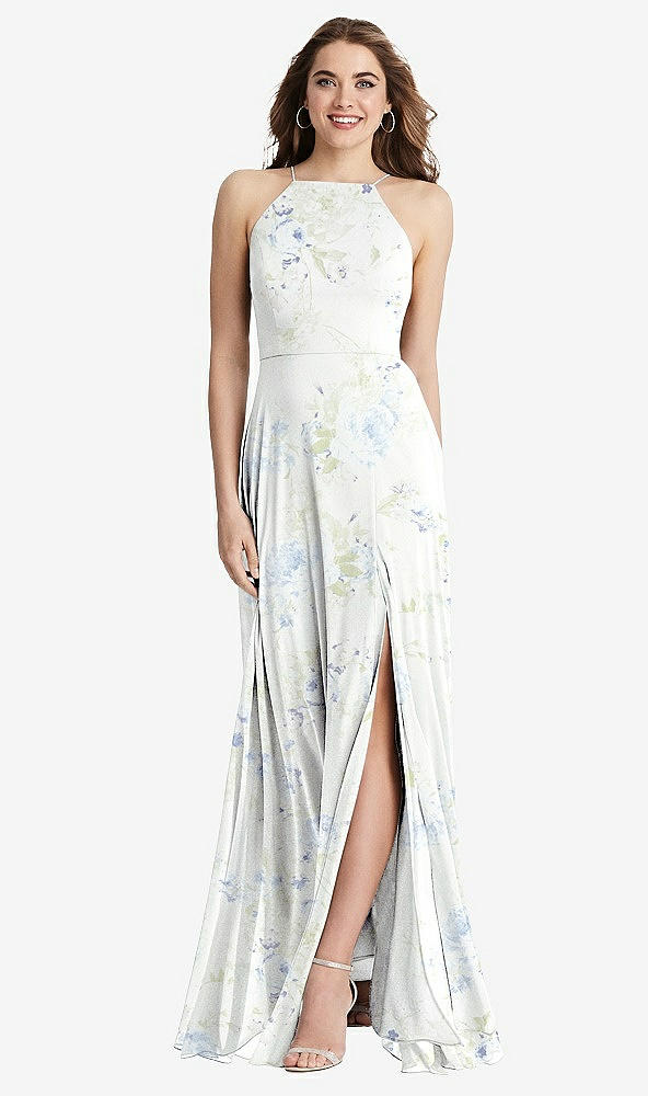 Front View - Bleu Garden High Neck Chiffon Maxi Dress with Front Slit - Lela