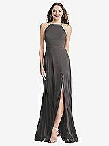 Front View Thumbnail - Caviar Gray High Neck Chiffon Maxi Dress with Front Slit - Lela