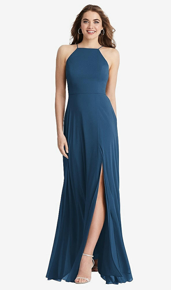 Front View - Dusk Blue High Neck Chiffon Maxi Dress with Front Slit - Lela