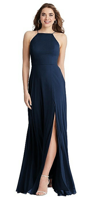 High Neck Chiffon Maxi Dress with Front Slit - Lela