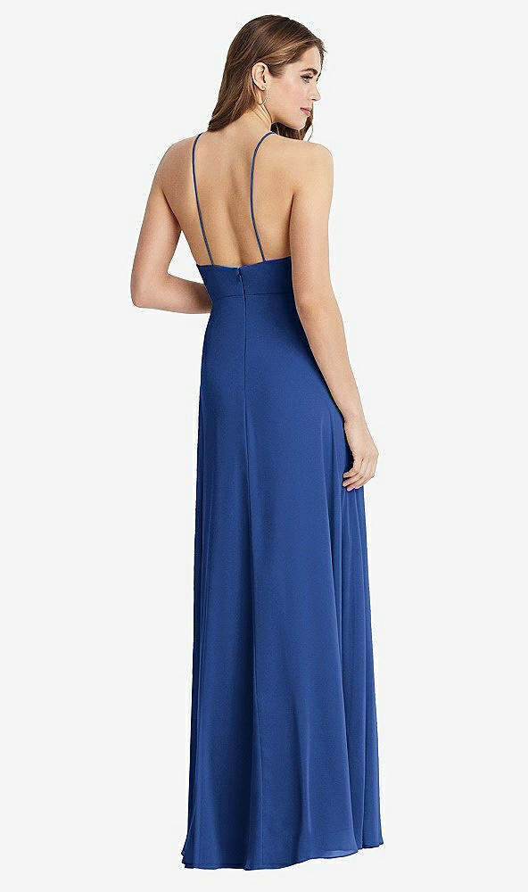 Back View - Classic Blue High Neck Chiffon Maxi Dress with Front Slit - Lela