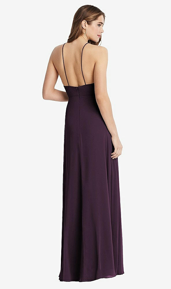 Back View - Aubergine High Neck Chiffon Maxi Dress with Front Slit - Lela