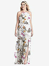 Alt View 1 Thumbnail - Butterfly Botanica Ivory High Neck Chiffon Maxi Dress with Front Slit - Lela