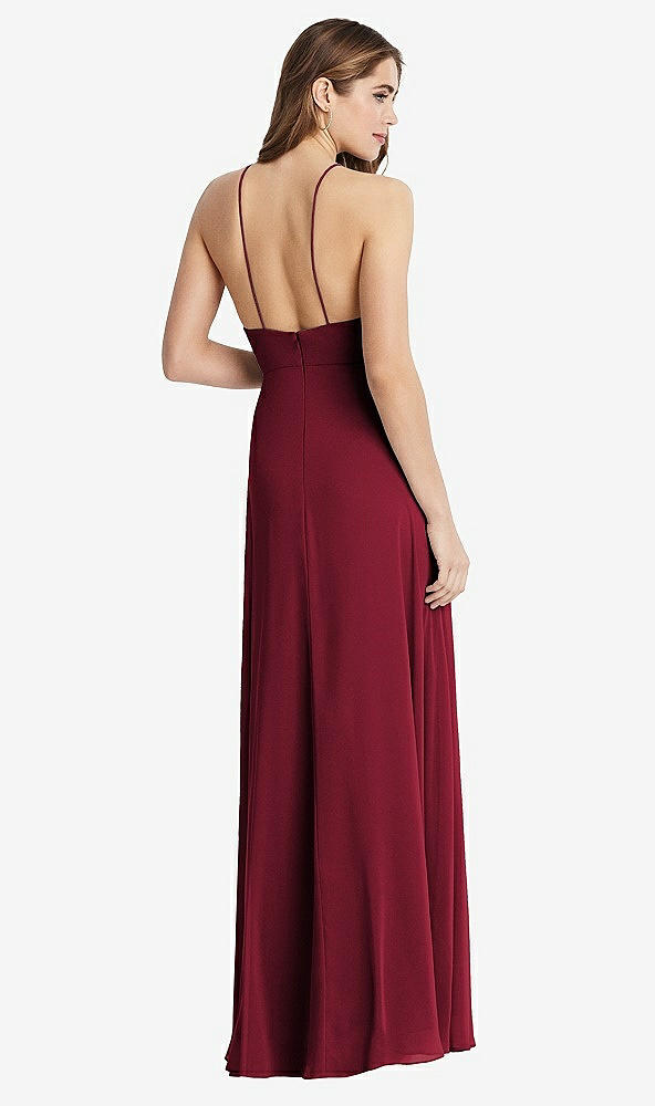 Back View - Burgundy High Neck Chiffon Maxi Dress with Front Slit - Lela