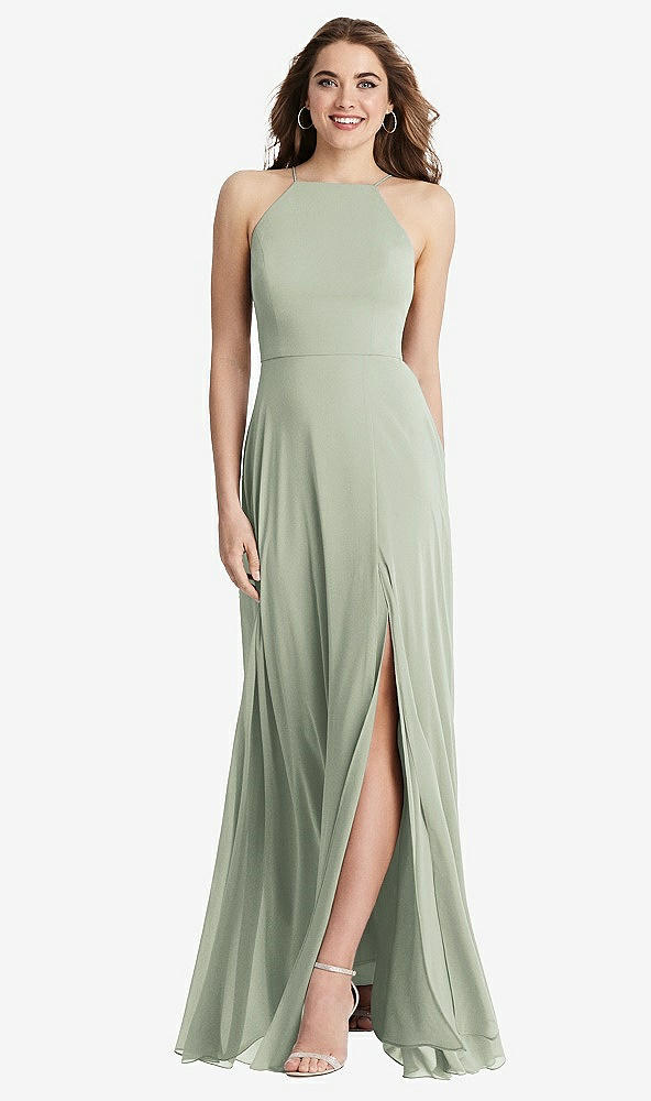 Front View - Celadon High Neck Chiffon Maxi Dress with Front Slit - Lela