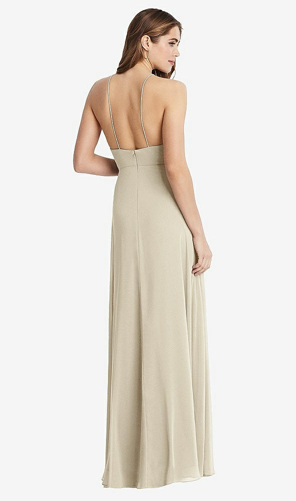 Back View - Champagne High Neck Chiffon Maxi Dress with Front Slit - Lela