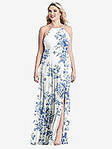 Alt View 1 Thumbnail - Cottage Rose Dusk Blue High Neck Chiffon Maxi Dress with Front Slit - Lela