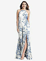 Front View Thumbnail - Cottage Rose Dusk Blue High Neck Chiffon Maxi Dress with Front Slit - Lela