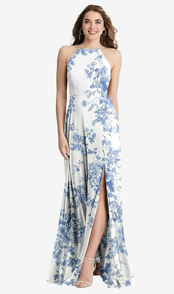 Front View - Cottage Rose Dusk Blue High Neck Chiffon Maxi Dress with Front Slit - Lela