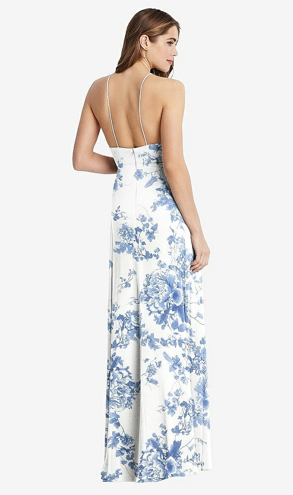 Back View - Cottage Rose Dusk Blue High Neck Chiffon Maxi Dress with Front Slit - Lela