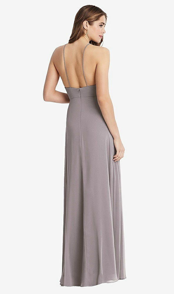 Back View - Cashmere Gray High Neck Chiffon Maxi Dress with Front Slit - Lela