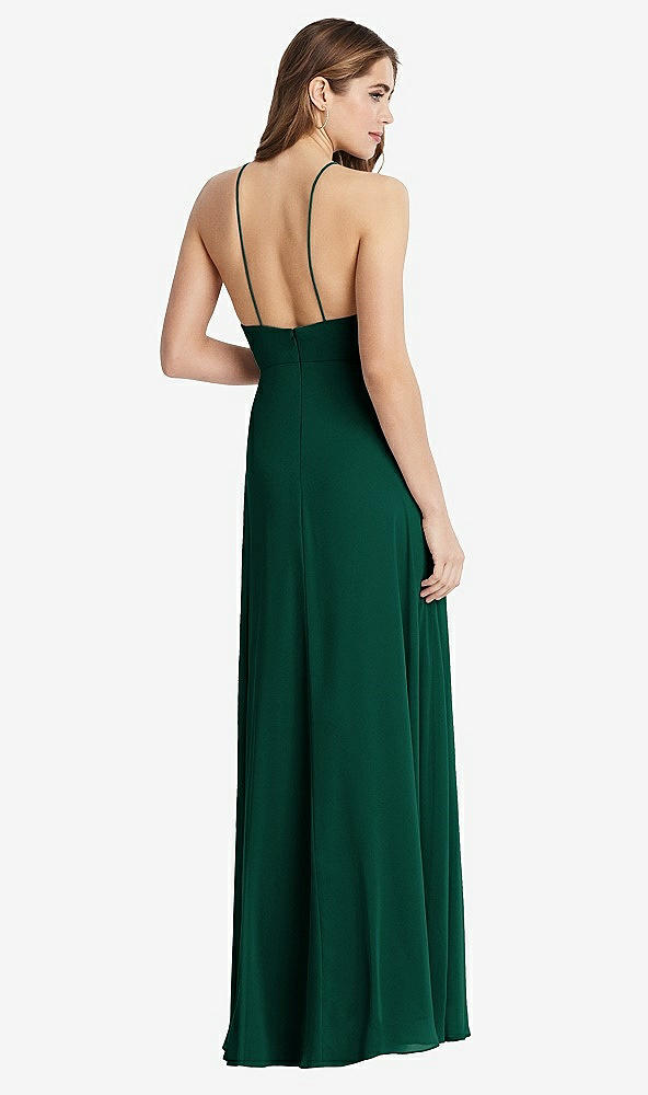 Back View - Hunter Green High Neck Chiffon Maxi Dress with Front Slit - Lela