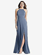 Front View Thumbnail - Larkspur Blue High Neck Chiffon Maxi Dress with Front Slit - Lela