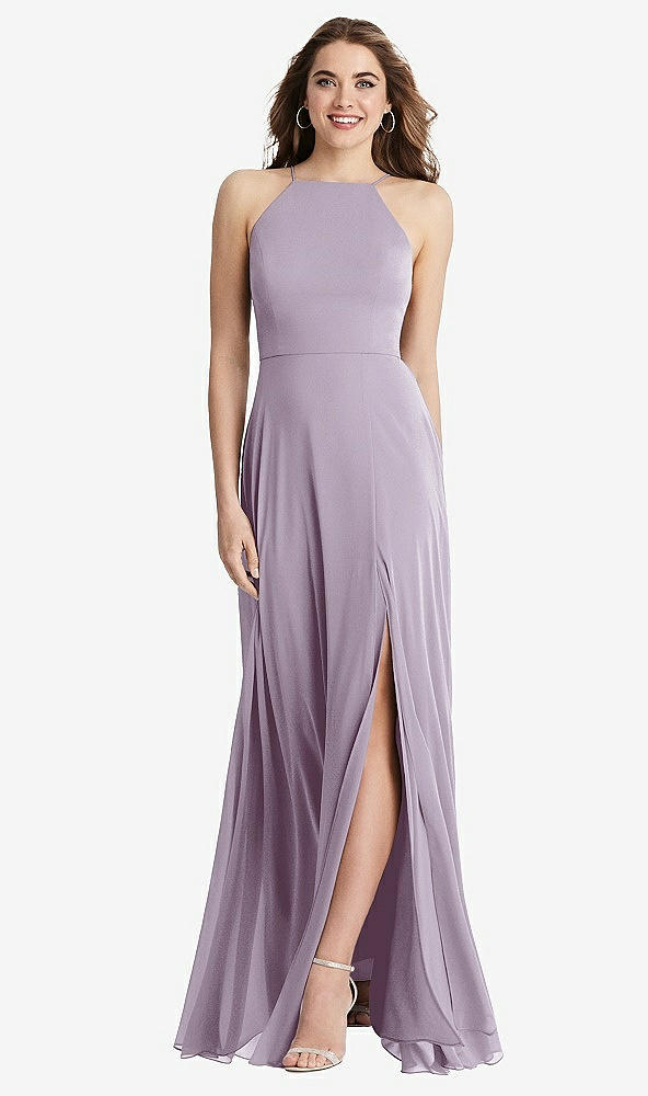 Front View - Lilac Haze High Neck Chiffon Maxi Dress with Front Slit - Lela