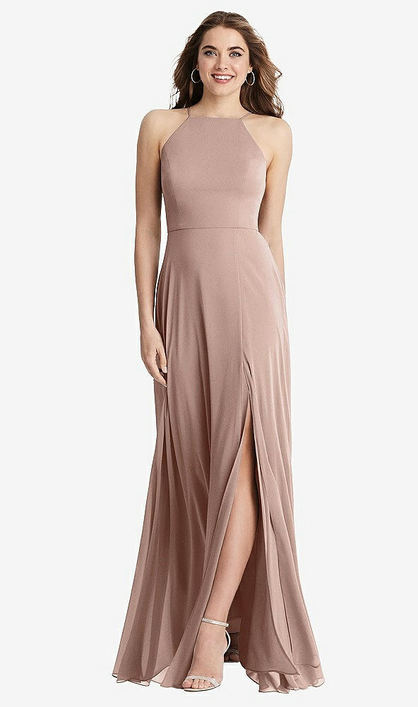 Front View - Neu Nude High Neck Chiffon Maxi Dress with Front Slit - Lela