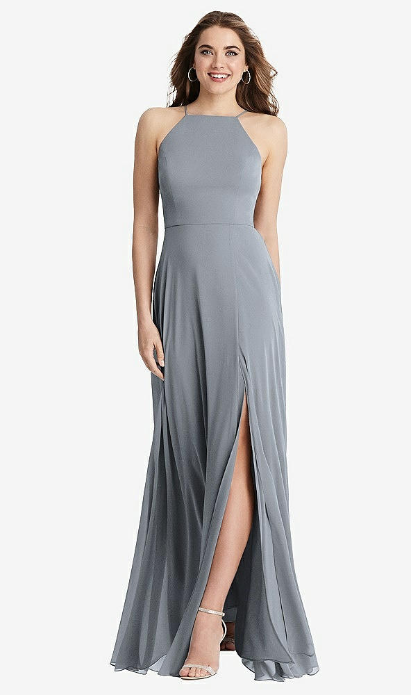 Front View - Platinum High Neck Chiffon Maxi Dress with Front Slit - Lela