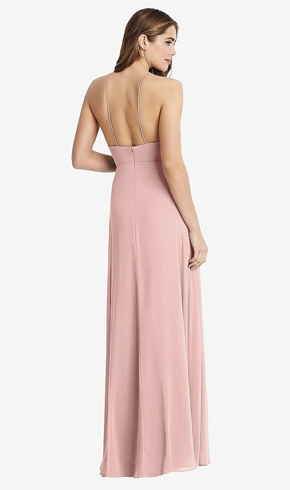 Back View - Rose - PANTONE Rose Quartz High Neck Chiffon Maxi Dress with Front Slit - Lela