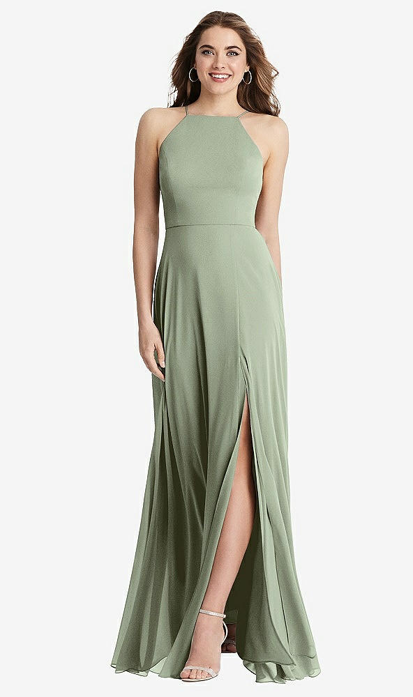 Front View - Sage High Neck Chiffon Maxi Dress with Front Slit - Lela