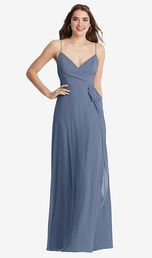 Front View - Larkspur Blue Chiffon Maxi Wrap Dress with Sash - Cora