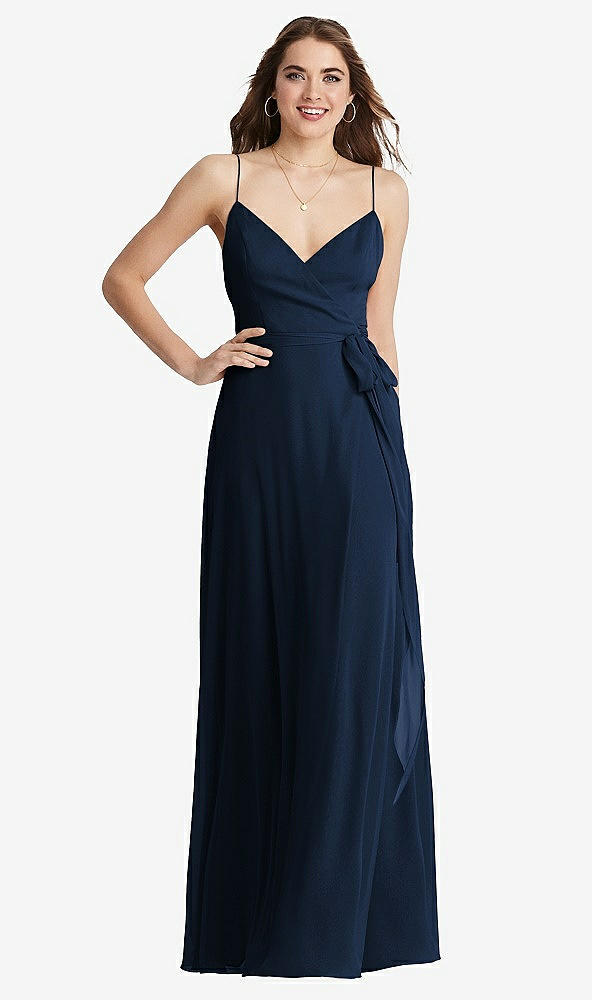 Front View - Midnight Navy Chiffon Maxi Wrap Dress with Sash - Cora