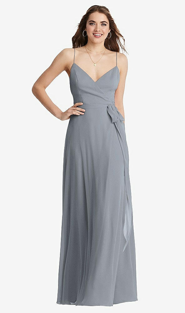 Front View - Platinum Chiffon Maxi Wrap Dress with Sash - Cora