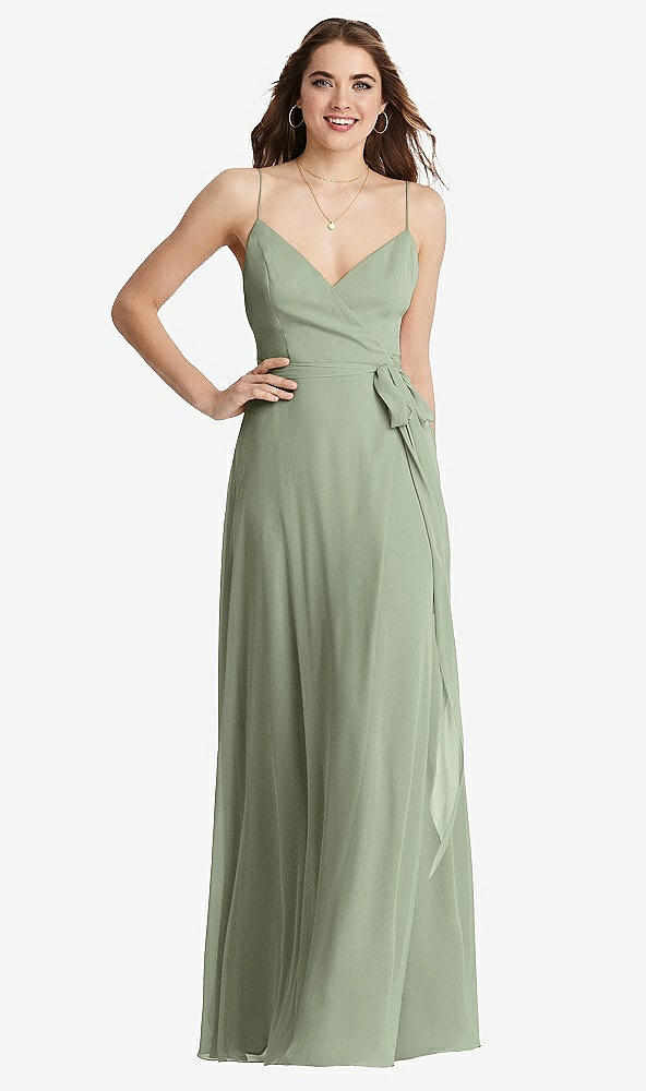 Front View - Sage Chiffon Maxi Wrap Dress with Sash - Cora