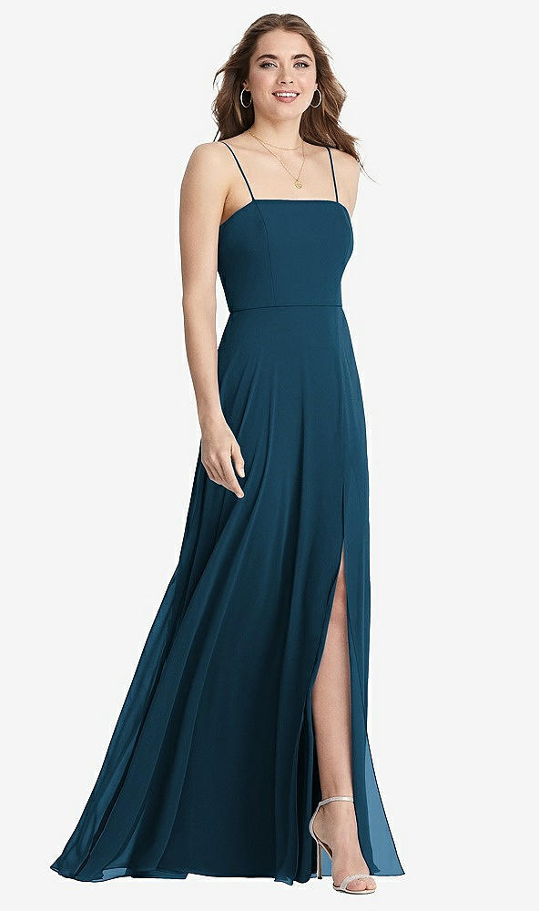 Front View - Atlantic Blue Square Neck Chiffon Maxi Dress with Front Slit - Elliott