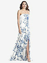 Front View Thumbnail - Cottage Rose Dusk Blue Square Neck Chiffon Maxi Dress with Front Slit - Elliott