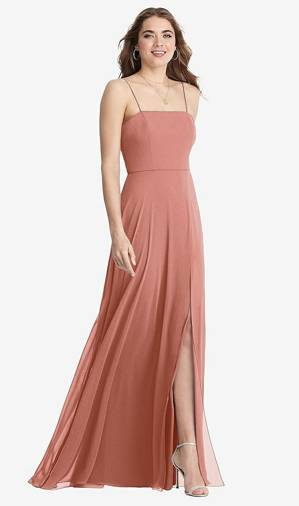 Front View - Desert Rose Square Neck Chiffon Maxi Dress with Front Slit - Elliott