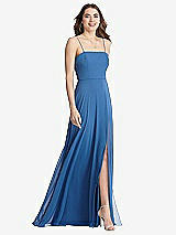 Front View Thumbnail - French Blue Square Neck Chiffon Maxi Dress with Front Slit - Elliott