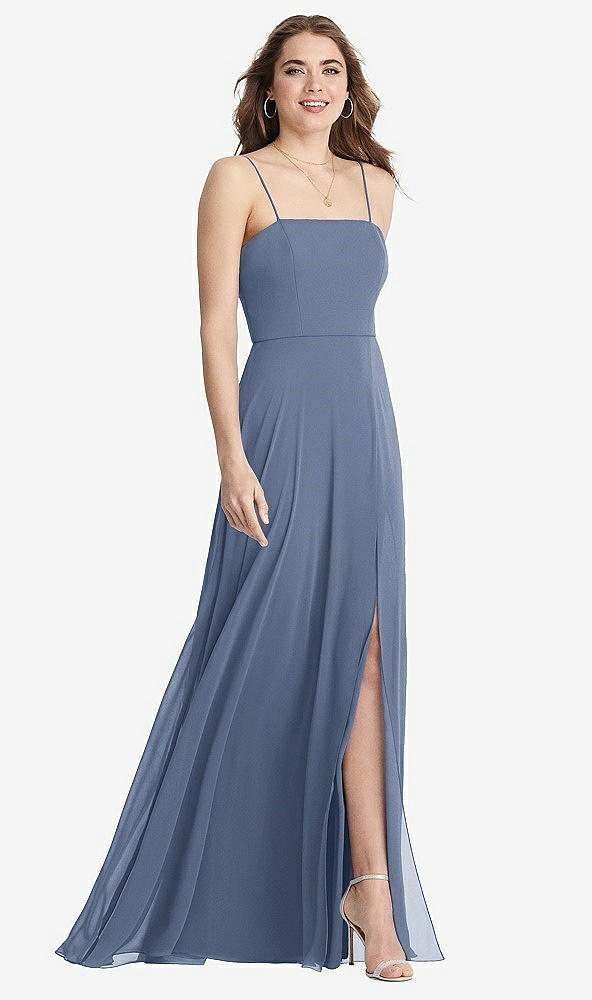 Front View - Larkspur Blue Square Neck Chiffon Maxi Dress with Front Slit - Elliott