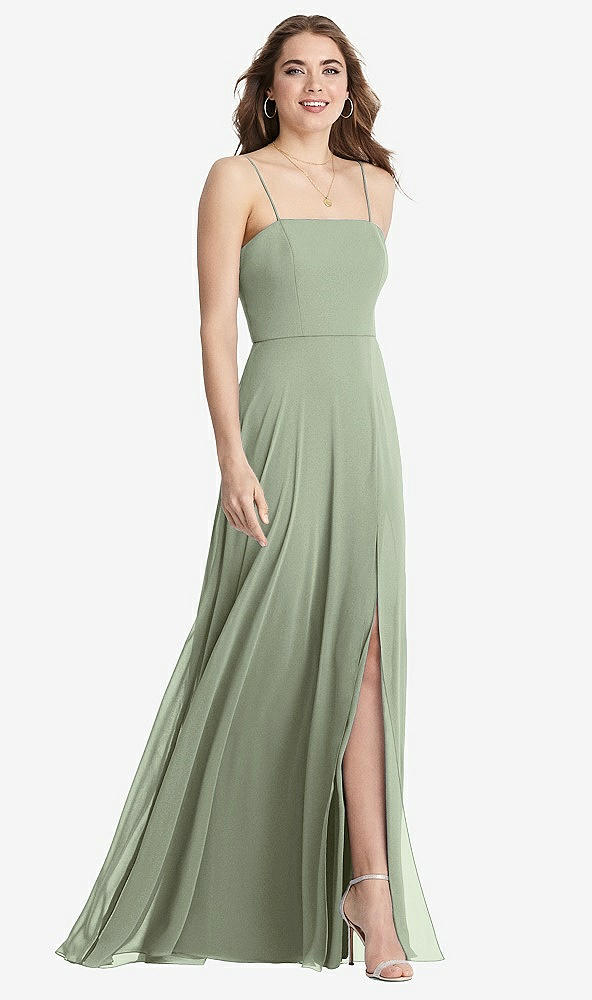 Front View - Sage Square Neck Chiffon Maxi Dress with Front Slit - Elliott