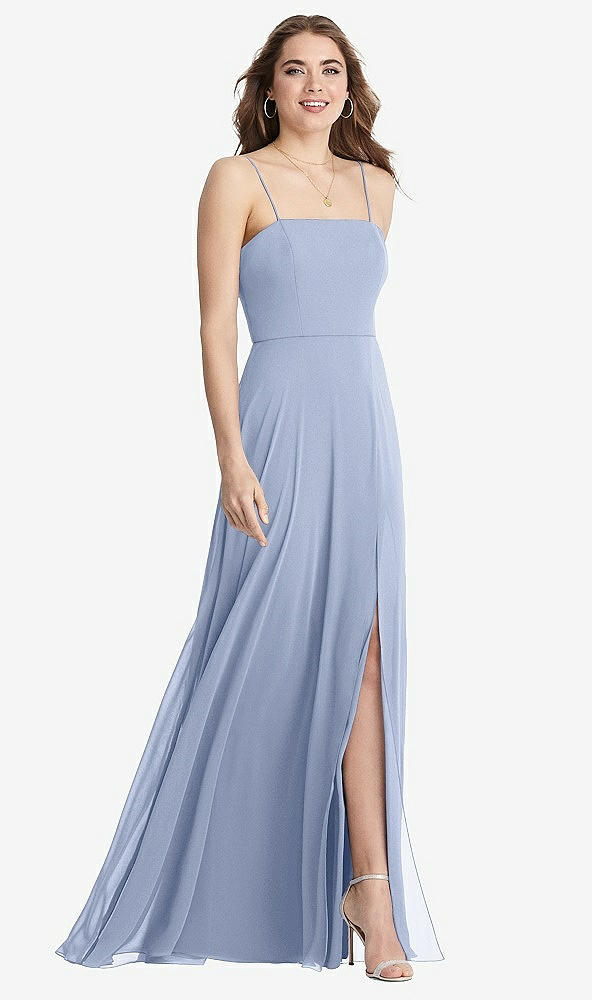 Front View - Sky Blue Square Neck Chiffon Maxi Dress with Front Slit - Elliott