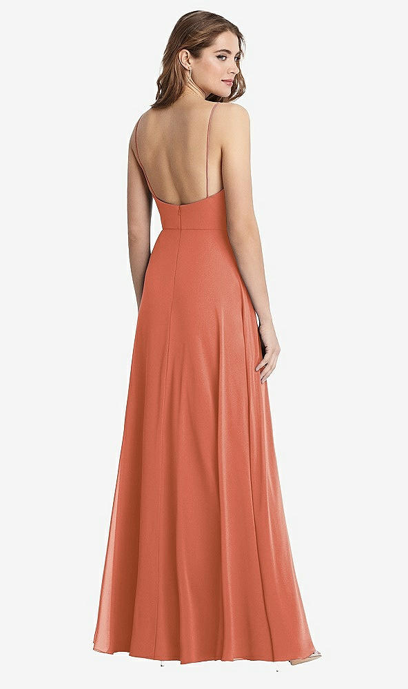 Back View - Terracotta Copper Square Neck Chiffon Maxi Dress with Front Slit - Elliott