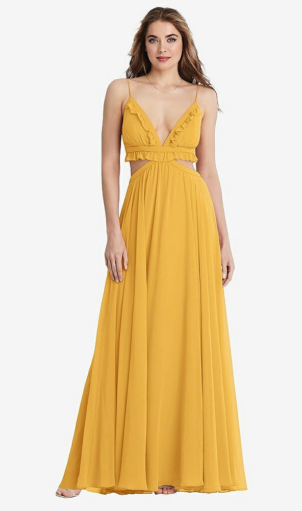 Front View - NYC Yellow Ruffled Chiffon Cutout Maxi Dress - Jessie