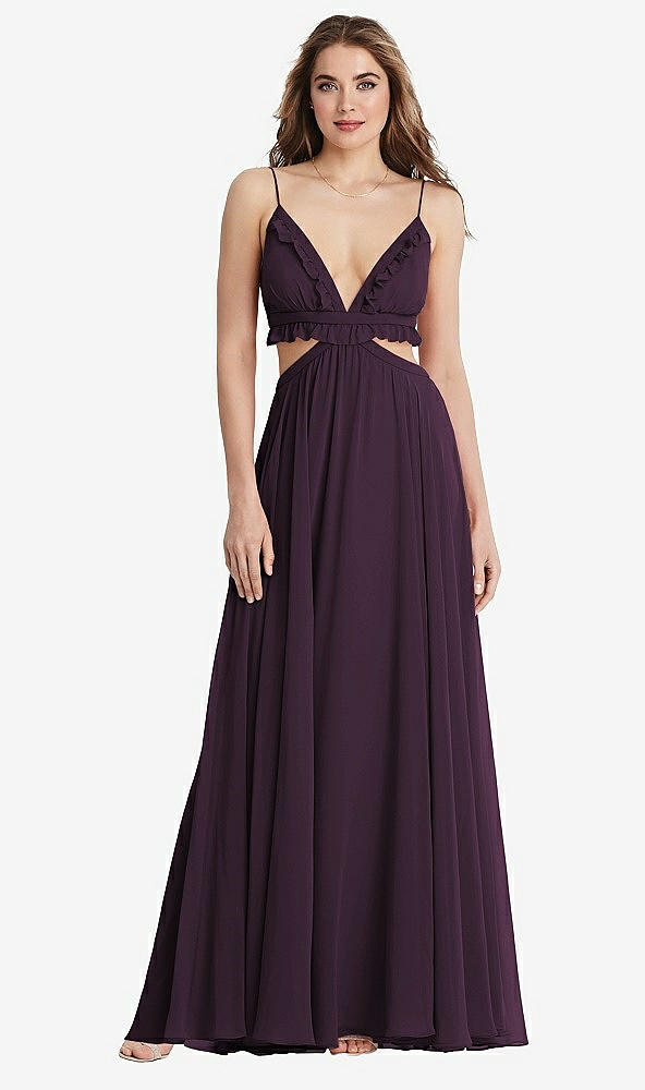 Front View - Aubergine Ruffled Chiffon Cutout Maxi Dress - Jessie