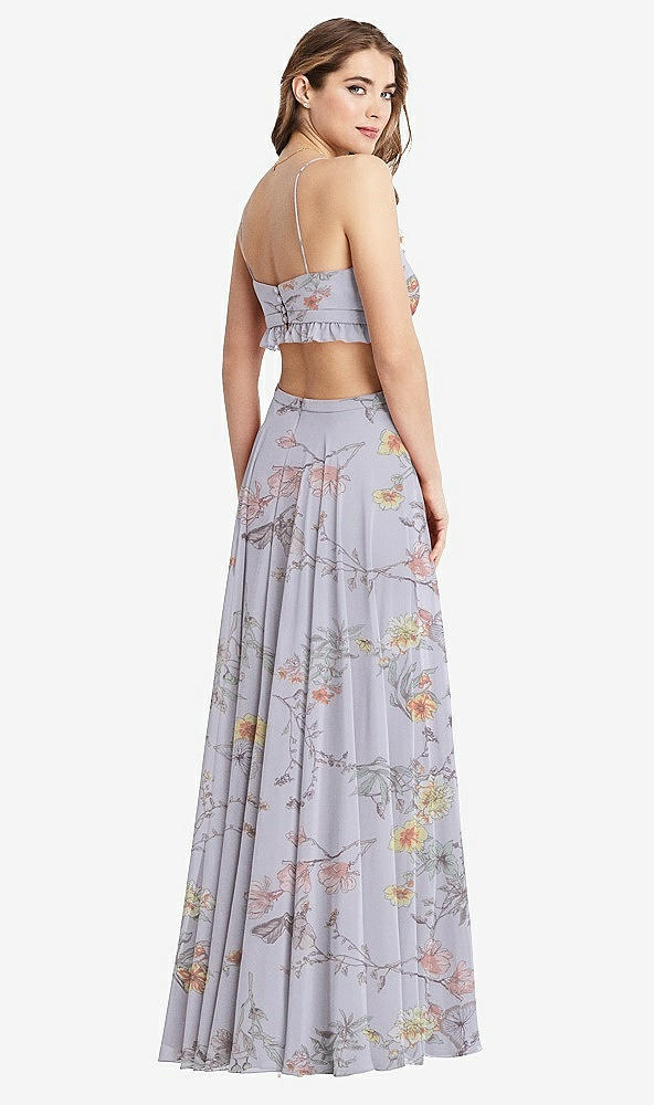 Back View - Butterfly Botanica Silver Dove Ruffled Chiffon Cutout Maxi Dress - Jessie